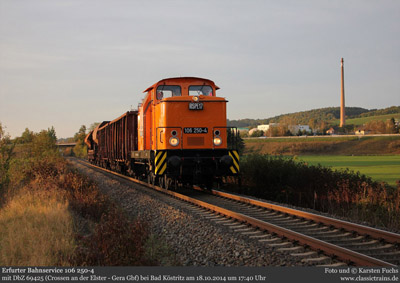 Mit dem Goldbroiler vom Bw Gera im Übergabedienst entlang der Weißen Elster - Fotogüterzug am 18.10.2014