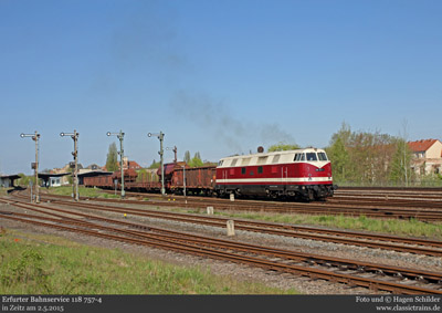 Frühlingserwachen im Elstertal - Erinnerung an die Einsätze der Baureihe 118 bei der Est. Zeitz - Fotogüterzug am 2.5.2015